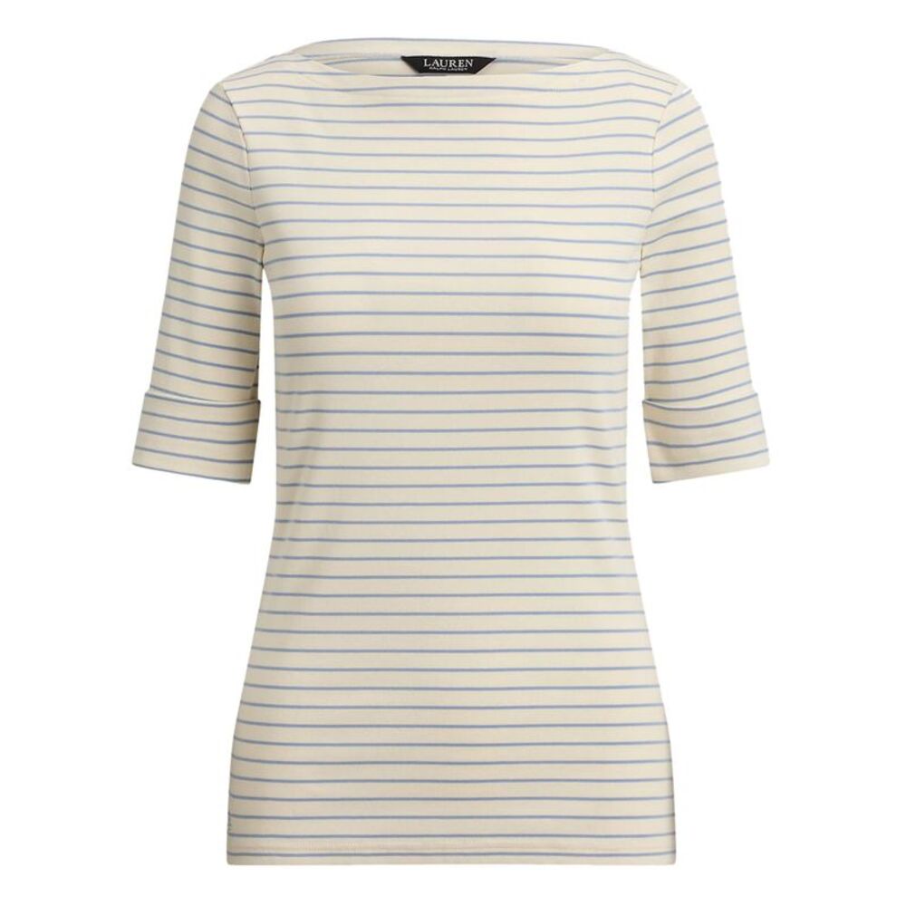 Lauren Ralph Lauren Womens Striped Stretch Cotton Boatneck T-Shirt L Cream/Sky